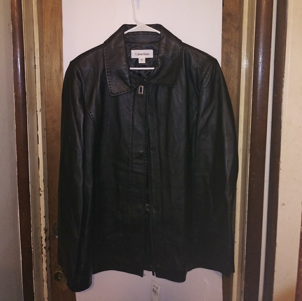 NWT Calvin Klein Unisex Genuine black Leather Coat
